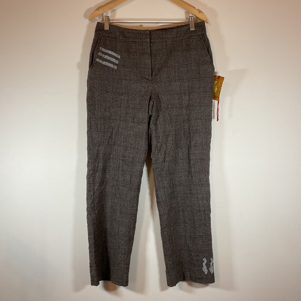 Rafaella Wool Blend Plaid Pants Brown Hand Painted Art Detail Size 14